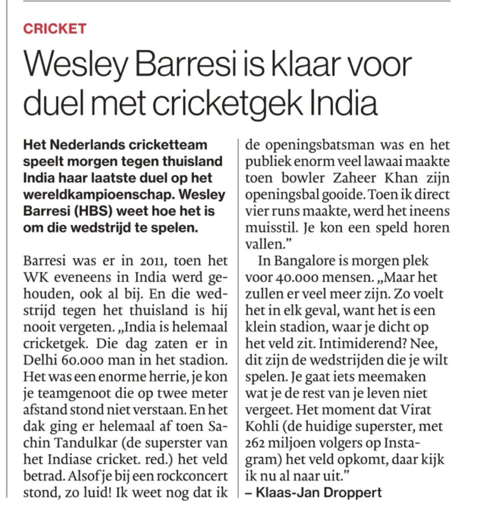 Wesley Barresi is klaar voor duel met cricketgek India